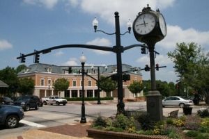 Downtown Cary intersection with traffic light and clock